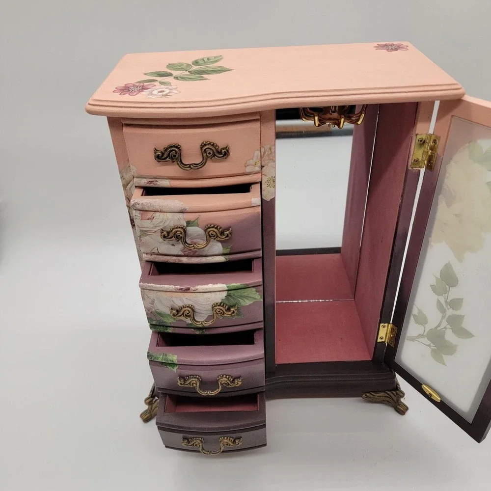Custom Hand Painted Vintage Wooden Jewelry Box Large Drawers Necklace Carousel